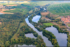 Vue aérienne de Paysage lacustre du Mainauen au Camping Katzenkopf à Sommerach dans le département Bavière, Allemagne