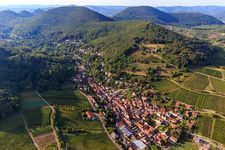 Vue aérienne de Aperçu du village viticole entre les vignobles de l'est à Leinsweiler dans le département Rhénanie-Palatinat, Allemagne