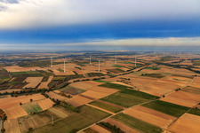 Parc éolien EnBW - éolienne avec 6 éoliennes à Freckenfeld dans le département Rhénanie-Palatinat, Allemagne d'en haut