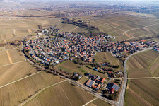 Vue aérienne de Des zones agricoles et des vignobles entourent la zone d'habitation du village au pied du petit Kalmit à le quartier Ilbesheim in Ilbesheim bei Landau in der Pfalz dans le département Rhénanie-Palatinat, Allemagne