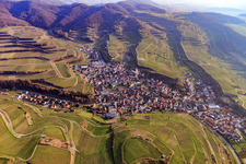 Vue aérienne de Vue du village viticole depuis le nord à le quartier Kiechlinsbergen in Endingen am Kaiserstuhl dans le département Bade-Wurtemberg, Allemagne