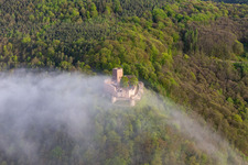 Le château de Landeck dans la brume matinale à Klingenmünster dans le département Rhénanie-Palatinat, Allemagne vue d'en haut
