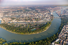 Vue aérienne de Parc municipal de l'île Park sur le Rhin avec tentes du Festival du film allemand de Ludwigshafen à le quartier Süd in Ludwigshafen am Rhein dans le département Rhénanie-Palatinat, Allemagne