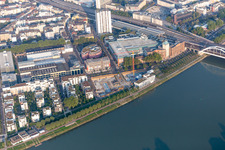 Vue aérienne de Zone résidentielle au bord du fleuve, au bord du Rhin, entre la Walzmühle et la Rheinschanzenpromenade à le quartier Süd in Ludwigshafen am Rhein dans le département Rhénanie-Palatinat, Allemagne