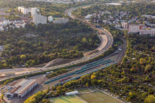 Vue aérienne de Site du dépôt VGF Est à le quartier Seckbach in Frankfurt am Main dans le département Hesse, Allemagne
