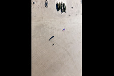 Buggys et kitesurfeurs sur la plage de sable à Fanø dans le département Syddanmark, Danemark depuis l'avion