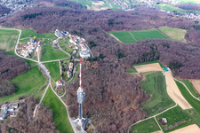 Vue aérienne de Tour de télévision de St. Chrischona à Bettingen dans le département Bâle ville, Suisse