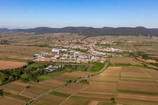 Vue aérienne de La plaine du Rhin entourée par le Haardtrand de la forêt du Palatinat à Edenkoben dans le département Rhénanie-Palatinat, Allemagne