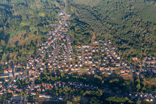 Vue aérienne de Centre-ville entouré de forêts et de zones forestières avec des rues et des maisons et des zones résidentielles à Fischbach bei Dahn dans le département Rhénanie-Palatinat, Allemagne