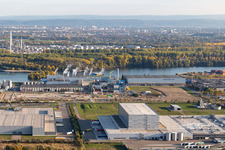 Vue aérienne de Usine de papier de palme, nouvelle construction de la centrale gaz/hydrogène à Wörth am Rhein dans le département Rhénanie-Palatinat, Allemagne