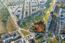 Vue aérienne de Développement résidentiel moderne au Citypark (Stadtpark Südost) sur Ludwig Erhard Allee à le quartier Südstadt in Karlsruhe dans le département Bade-Wurtemberg, Allemagne