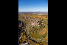 Vue sur la végétation automnale décolorée en lisière des vignes et des domaines viticoles de la région viticole à Neuleiningen dans le département Rhénanie-Palatinat, Allemagne hors des airs
