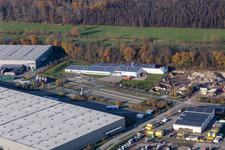 Vue oblique de Zone commerciale Horst avec Magna Interiors, Random Logistics, STS Group et Thermo Fisher à le quartier Minderslachen in Kandel dans le département Rhénanie-Palatinat, Allemagne