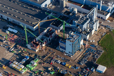 Nouvelle construction de la centrale électrique gaz-hydrogène de l'usine de papier Palm GmbH & Co. KG dans la zone industrielle de Wörth-Oberwald à Wörth am Rhein dans le département Rhénanie-Palatinat, Allemagne d'en haut