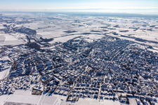 Photographie aérienne de Hiver, vue sur la ville enneigée avec rues et maisons dans les zones résidentielles à Bad Bergzabern dans le département Rhénanie-Palatinat, Allemagne