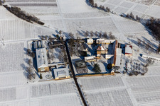 Vue aérienne de Complexe de bâtiments enneigés d'hiver de l'Institut Julius Kühn Rebforschungsanstalt Geilweilerhof avec des amandiers en fleurs à Siebeldingen dans le département Rhénanie-Palatinat, Allemagne