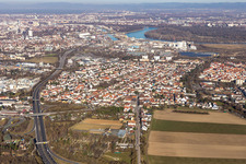 Vue aérienne de Vue des rues et des maisons des quartiers résidentiels à le quartier Rheingönheim in Ludwigshafen am Rhein dans le département Rhénanie-Palatinat, Allemagne