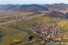 Vue aérienne de Complexe de bâtiments de la station de recherche viticole de l'Institut Julius Kühn de Geilweilerhof avec des amandiers en fleurs à Siebeldingen à Birkweiler dans le département Rhénanie-Palatinat, Allemagne