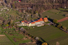 Vue aérienne de Hôtel de bien-être Alte Rebschule et Gasthaus Sesel au printemps à le quartier Rhodt in Rhodt unter Rietburg dans le département Rhénanie-Palatinat, Allemagne