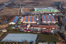 Vue aérienne de Marché du Palatinat aux fruits et légumes à le quartier Dannstadt in Dannstadt-Schauernheim dans le département Rhénanie-Palatinat, Allemagne