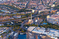 Vue aérienne de Centrale de cogénération de chaleur et d'électricité de l'Ouest à le quartier Mühlburg in Karlsruhe dans le département Bade-Wurtemberg, Allemagne