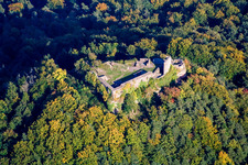 Photographie aérienne de Ruines et vestiges du mur de l'ancien complexe du château de Lindelbrunn à Vorderweidenthal dans le département Rhénanie-Palatinat, Allemagne