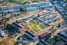 Vue aérienne de Espace d'accueil du Parc Spinelli de l'Exposition fédérale de jardinage Mannheim BUGA 2023 à le quartier Feudenheim in Mannheim dans le département Bade-Wurtemberg, Allemagne