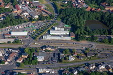 Vue aérienne de Lohnes GmbH & Co. KG, marché Raiffeisen Michelstadt à le quartier Steinbach in Michelstadt dans le département Hesse, Allemagne