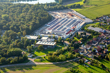 Vue aérienne de Forum de construction World of Living et WeberHaus GmbH & Co. KG Rheinau-Linx à le quartier Linx in Rheinau dans le département Bade-Wurtemberg, Allemagne