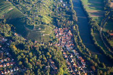 Vue aérienne de Ruines du château Hoheneck au-dessus du Neckar à le quartier Hoheneck in Ludwigsburg dans le département Bade-Wurtemberg, Allemagne