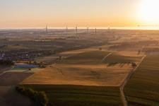 Vue aérienne de Parc éolien de Freckenfeld depuis l'ouest au lever du soleil à Vollmersweiler dans le département Rhénanie-Palatinat, Allemagne