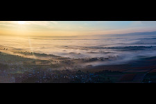 Vue aérienne de Brouillard et montgolfière au-dessus de la plaine du Rhin dans le nord de l'Alsace à Riedseltz dans le département Bas Rhin, France