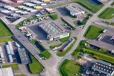 Photographie aérienne de Zone industrielle avec KIMMEL LOGISTICS, KIMMEL LAVAGE, Dietrich Véhicules et Sarre Union Pl Services - MAN au péage de Sarre-Union - A4 - Route n°42 à Thal-Drulingen dans le département Bas Rhin, France