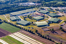 Vue aérienne de DeCA CDC Germersheim. DLA Distribution Europe Germersheim est le plus grand bureau de vente de DLA Distribution sur le continent européen et une plateforme de distribution avancée pour l'armée américaine. à Lingenfeld dans le département Rhénanie-Palatinat, Allemagne