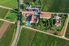 Vue oblique de Hôtel 4 étoiles Leinsweiler Cour entre vignes le matin à Leinsweiler dans le département Rhénanie-Palatinat, Allemagne