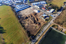 Vue oblique de Chantier de construction pour le développement du nouveau parc logistique de HANSAINVEST et DFI-Real-Estte Kandel après la démolition du marché OBI à le quartier Minderslachen in Kandel dans le département Rhénanie-Palatinat, Allemagne