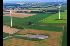 Modernisation du parc éolien Minfeld. JUWI remplace quatre anciennes turbines (GE 1.5) de 2004 par deux nouvelles turbines Vestas V162 modernes, chacune d'une puissance de six mégawatts. à Minfeld dans le département Rhénanie-Palatinat, Allemagne hors des airs