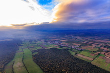 Vue aérienne de Nuages au-dessus du chemin de transhumance et de la forêt de Bienwald dans la lumière du soir d'automne à Freckenfeld dans le département Rhénanie-Palatinat, Allemagne
