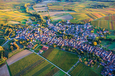 Vue aérienne de Vue du village depuis le nord-ouest, niché entre des vignobles aux couleurs flamboyantes de l'automne. à Göcklingen dans le département Rhénanie-Palatinat, Allemagne