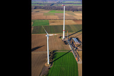 Image drone de Grue géante pour la modernisation du parc éolien Minfeld. JUWI remplace quatre anciennes turbines (GE 1.5) de 2004 par deux nouvelles turbines Vestas V162 modernes, chacune d'une puissance de six MW. à Minfeld dans le département Rhénanie-Palatinat, Allemagne