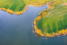 Des promenades en bois bordées de cabanes de pêcheurs longent les rives de l'étang du Welschhof. à Puttelange-aux-Lacs dans le département Moselle, France