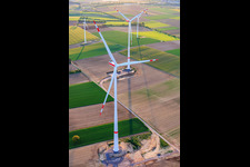 Modernisation du parc éolien Minfeld. JUWI remplace quatre turbines plus anciennes (GE 1.5) de 2004 par deux nouvelles turbines modernes Vestas V162, chacune d'une capacité de six MW. à Minfeld dans le département Rhénanie-Palatinat, Allemagne