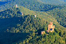 Trois châteaux : Trifels, Anebos, Jungturm Münz et la tour rénovée Scharfenberg à le quartier Bindersbach in Annweiler am Trifels dans le département Rhénanie-Palatinat, Allemagne