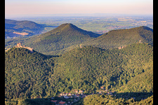 Trois châteaux du sud-ouest : Trifels, Anebos, Jungturm Münz et la tour rénovée de Scharfenberg à le quartier Bindersbach in Annweiler am Trifels dans le département Rhénanie-Palatinat, Allemagne