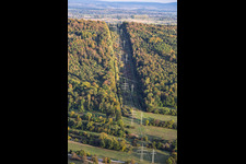 Percée forestière pour une ligne à haute tension, le long du sentier des pylônes électriques à Ettlingen dans le département Bade-Wurtemberg, Allemagne
