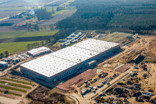 Construction d'un nouveau hall logistique dans la zone industrielle d'Am Horst à le quartier Minderslachen in Kandel dans le département Rhénanie-Palatinat, Allemagne vu d'un drone