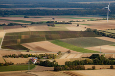 Vue aérienne de Éolienne sur la propriété Altmühle, en bordure des champs cultivés à Minfeld dans le département Rhénanie-Palatinat, Allemagne