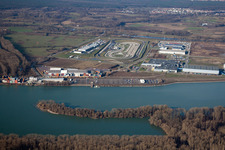 Vue aérienne de Zone industrielle d'Oberwald à le quartier Maximiliansau in Wörth am Rhein dans le département Rhénanie-Palatinat, Allemagne