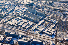 Photographie aérienne de SIEMENS AG en hiver avec de la neige à le quartier Knielingen in Karlsruhe dans le département Bade-Wurtemberg, Allemagne