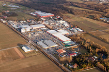 Photographie aérienne de Zone industrielle de la Bruchwiesenstrasse avec quincaillerie Hornbach à le quartier Dreihof in Bornheim dans le département Rhénanie-Palatinat, Allemagne